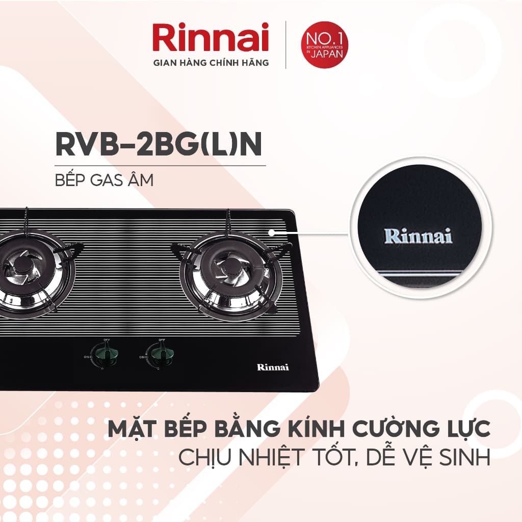 Bếp gas âm Rinnai RVB-2BG(L)N trang bị mặt kính cường lực