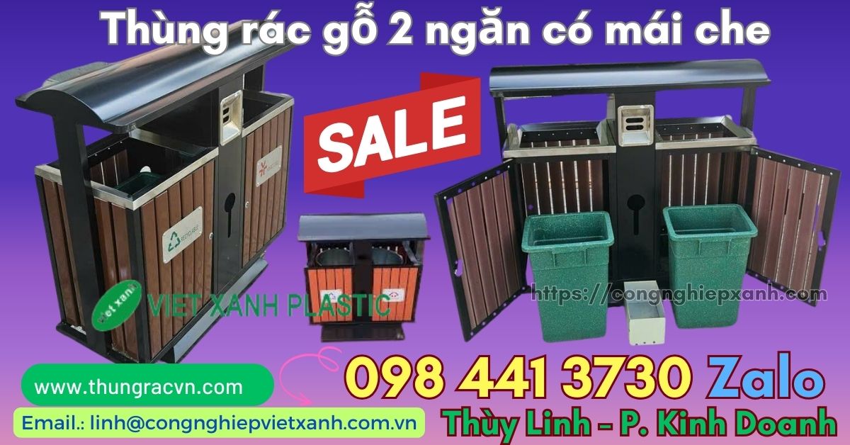 Thùng rác gỗ 2 ngăn mái che nhập khẩu