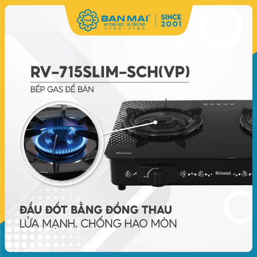 Bếp gas Rinnai RV-715Slim-SCH(VP)-đầu đốt bằng đồng thau