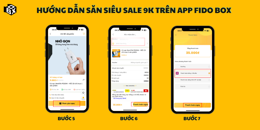 Hướng dẫn săn siêu sale 9k trên app Fido Box B5-B7