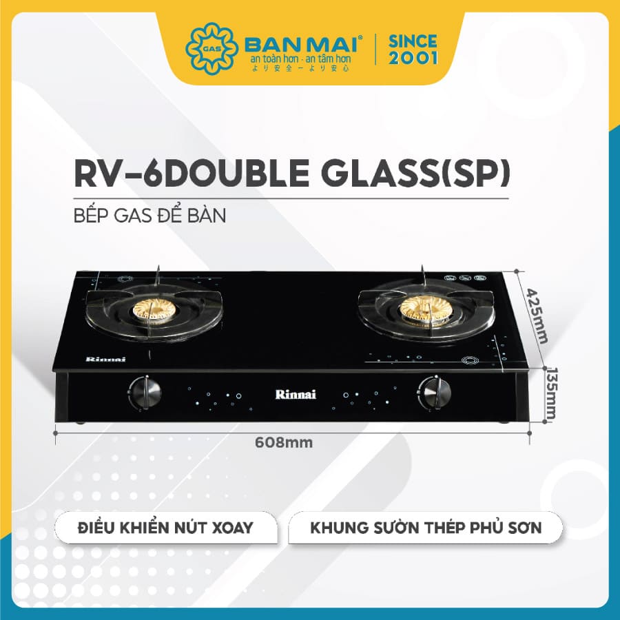 Bếp gas Rinnai RV-6Double-Glass(SP) khung sườn và kích thước bếp