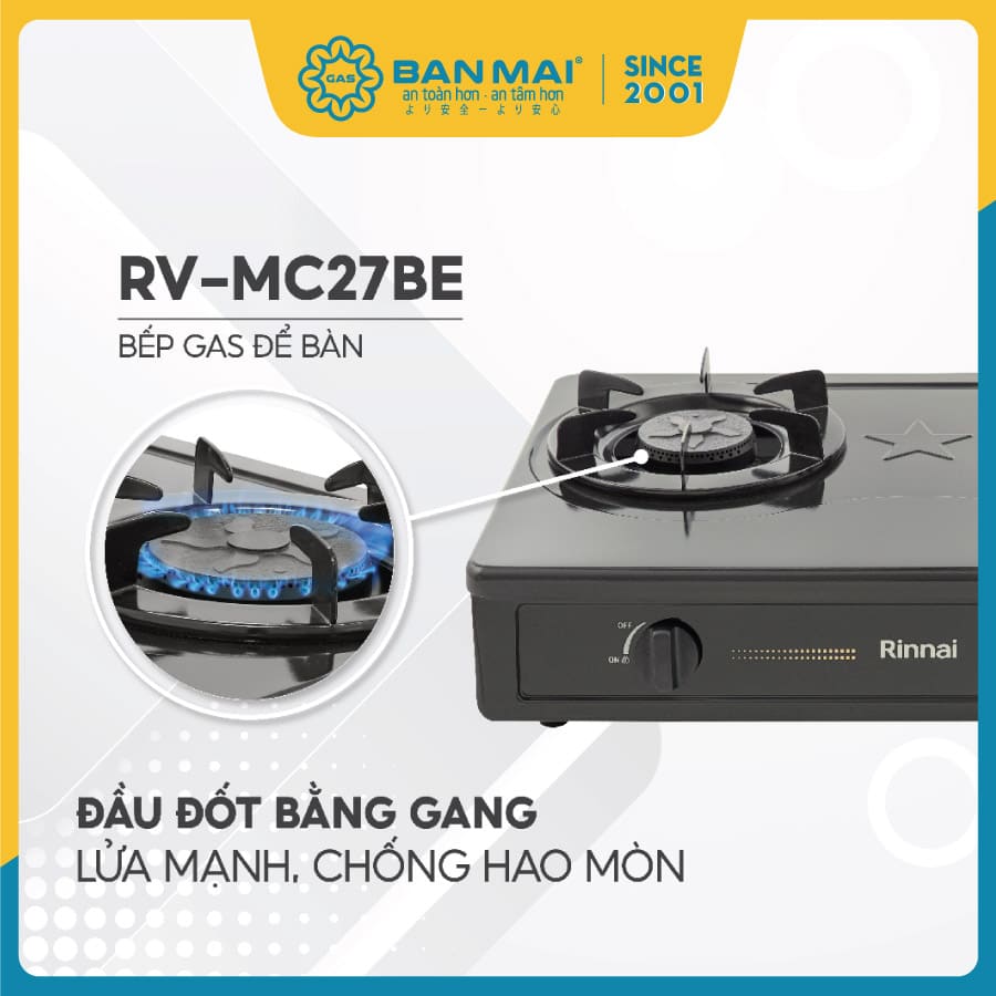 Bếp gas Rinnai RV-MC27BE trang bị đầu đốt bằng gang siêu bền