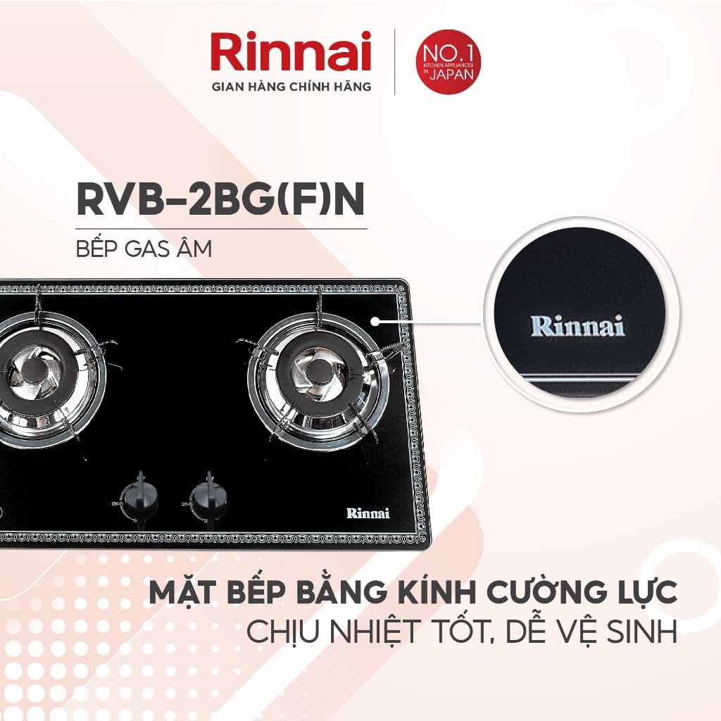 Bếp gas âm Rinnai RVB-2BG(F)N trang bị mặt kính cường lực