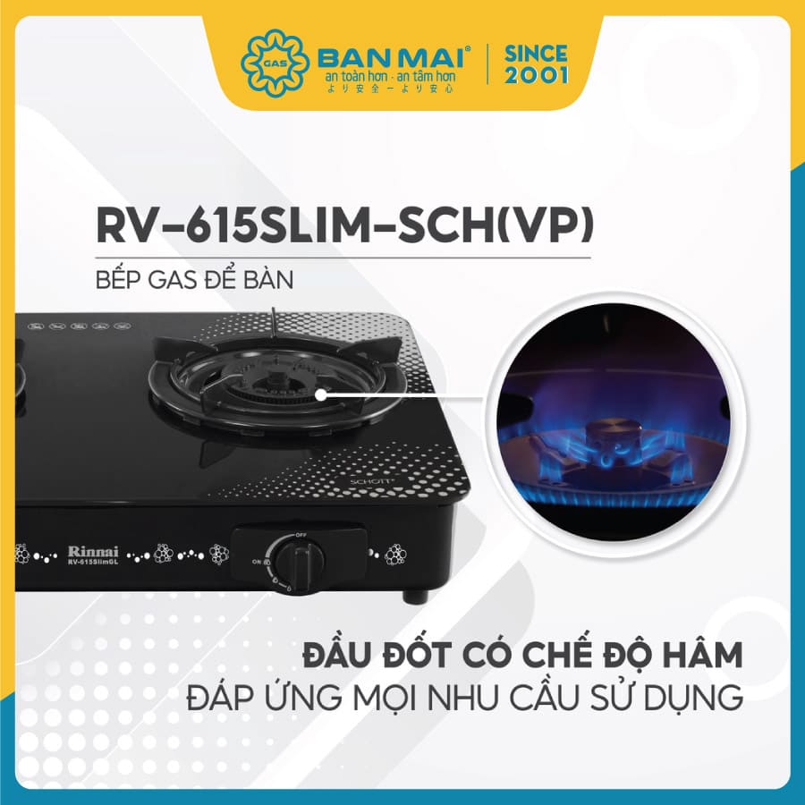 Bếp gas Rinnai RV-615Slim-SCH(VP)-được thiết kế nhỏ gọn, có đầu hâm tiện dụng