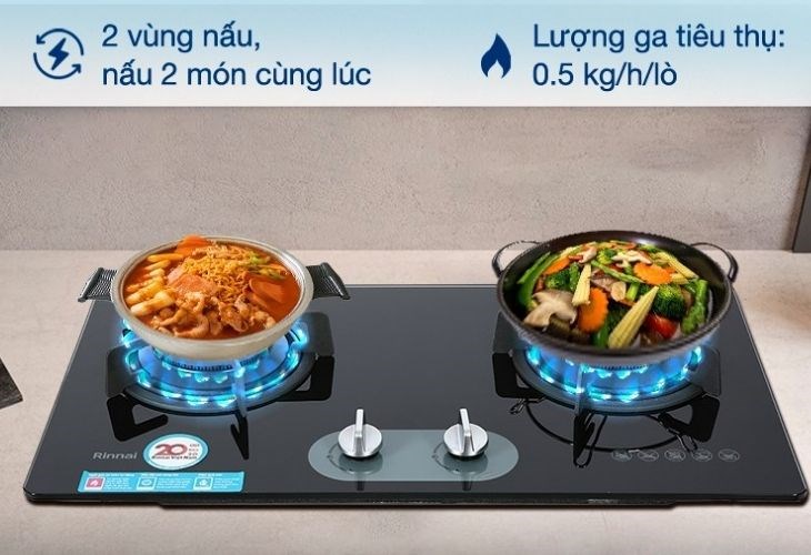 Bếp ga âm Rinnai RVB-220G(BG) có 2 vùng nấu cho phép bạn nấu nhiều món ăn
