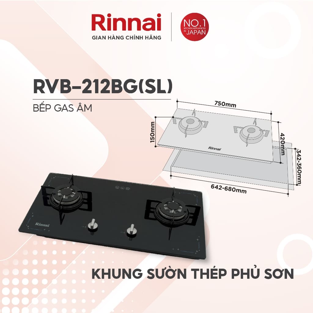 Kích thước bếp & kích thước khoét đá bếp gas âm Rinnai RVB-212BG(SL)