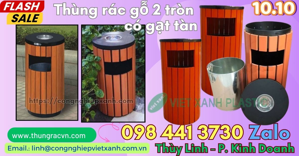 Thùng rác gỗ tròn có gạt tàn