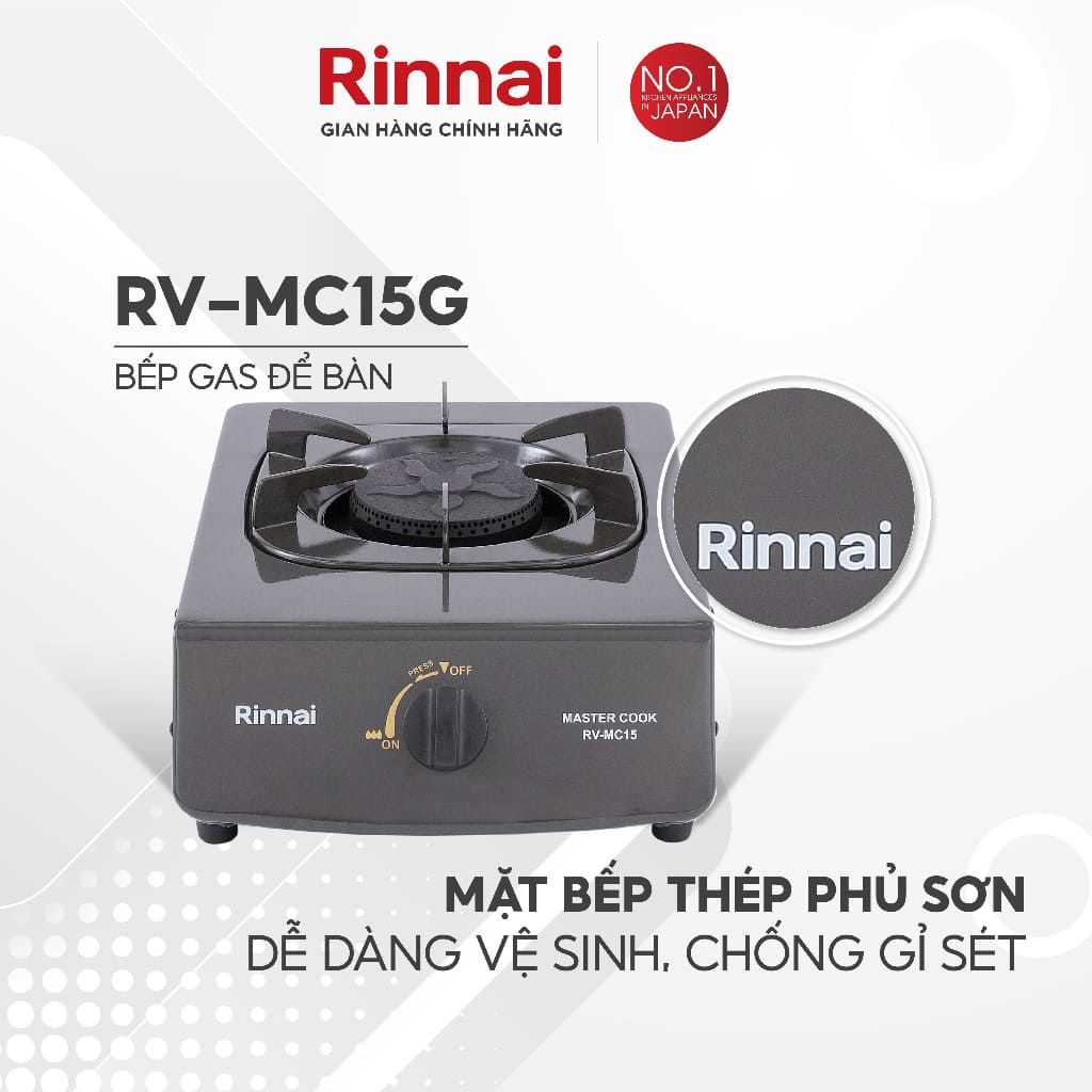 Mặt bếp ga đơn Rinnai RV-MC15G bằng thép phủ sơn, dễ dàng vệ sinh, chống gỉ sét