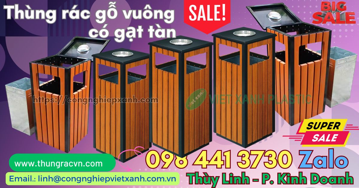 Thùng rác gỗ vuông có gạt tàn